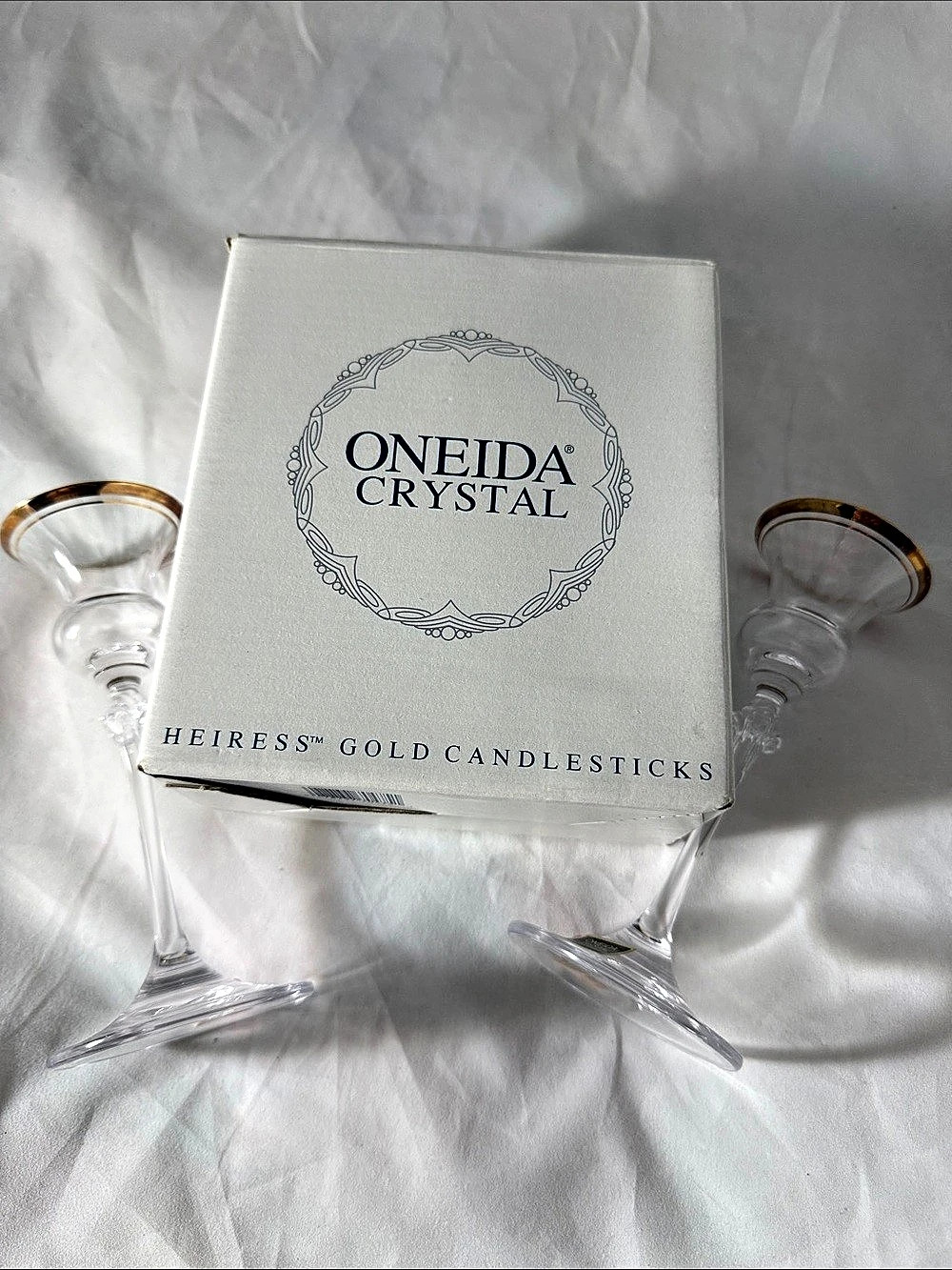 Oneida Crystal Heiress Gold Candlesticks Pair Gold-Banded Crystal Candlesticks